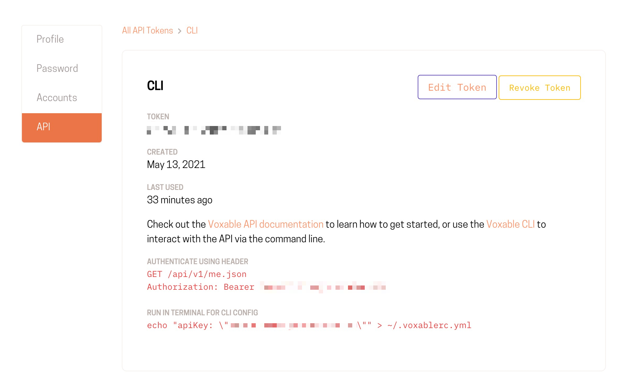 An image of the Voxable product's API token interface.