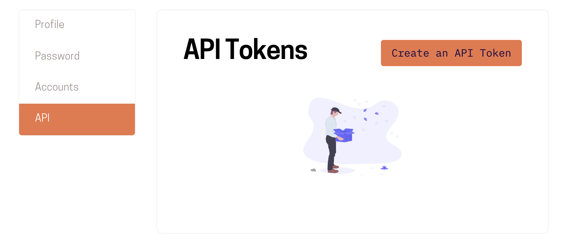 An image of the Voxable product's API token interface, with no tokens created, and a button reading 'Create an API Token'.